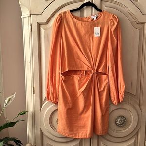 Long sleeve mini dress, cutout in middle; color clay, zippered back, cotton